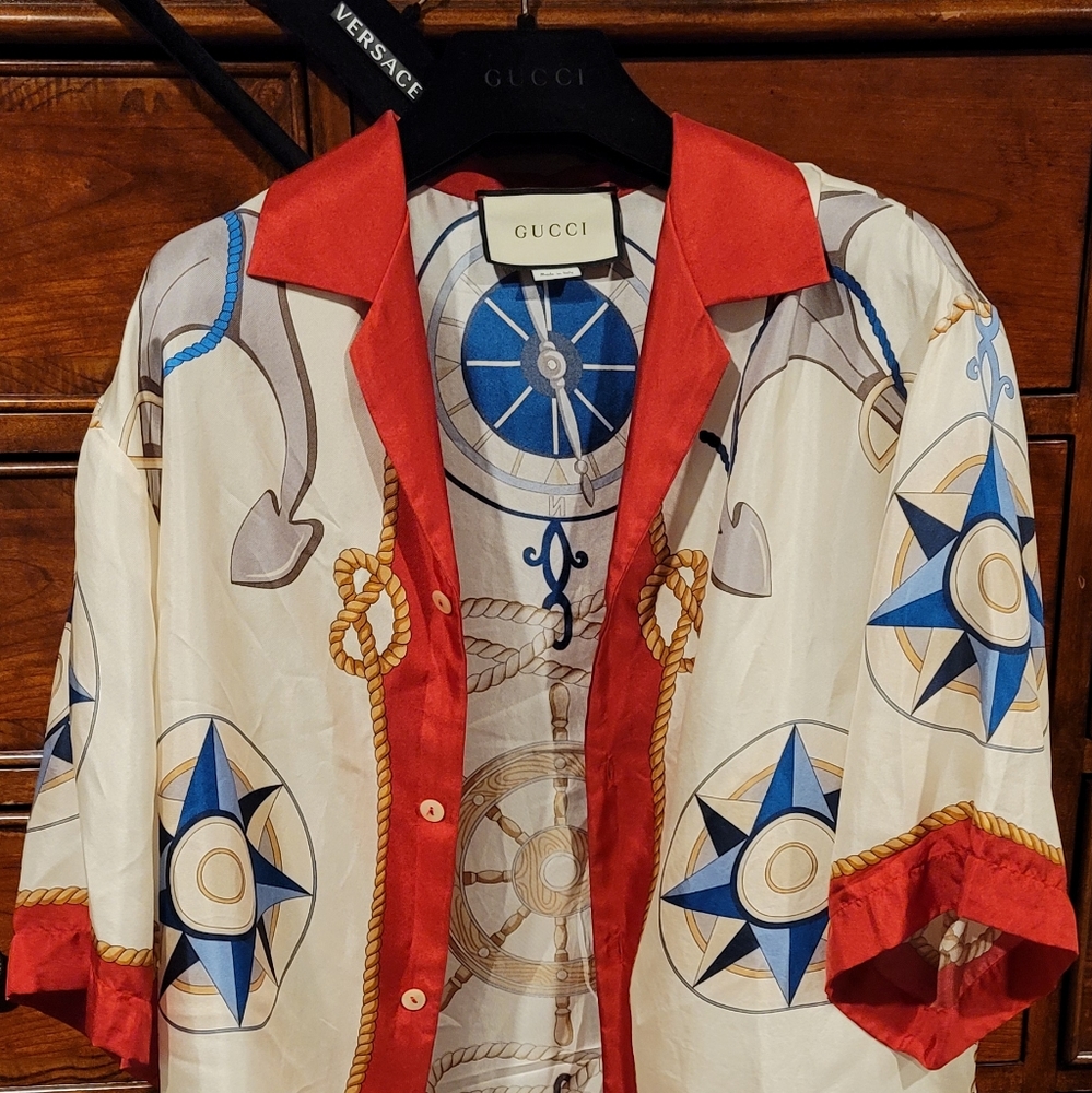 Rare Gucci Signature Marina/Nautical Print Silk Bowling Shirt Authentic w/ Tags
